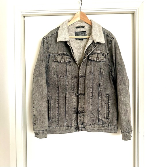 Brooklyn Cloth Denim Jacket Trucker Sherpa Lined Button Front Acid Wash - Medium - Picture 1 of 4